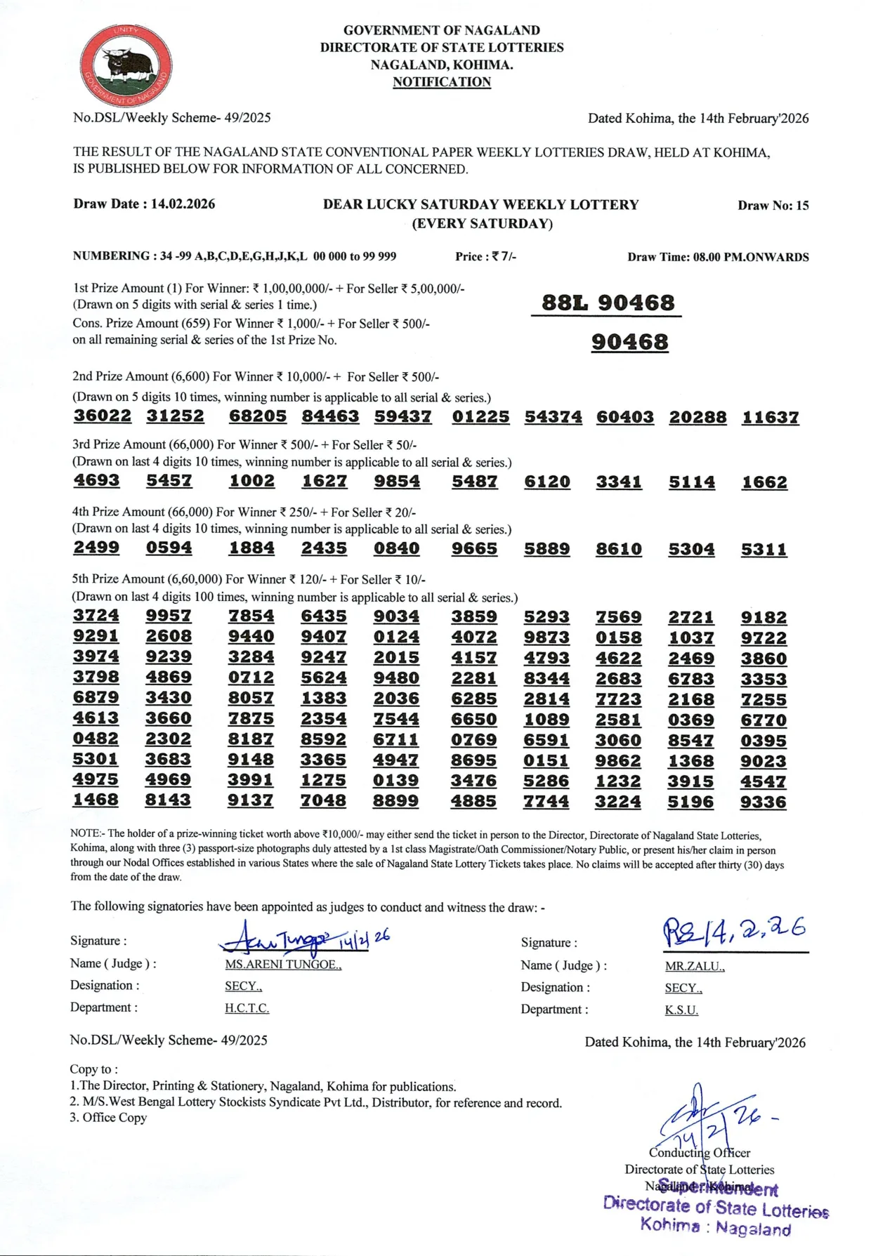 Dear Lottery result 8PM 14.02.2026