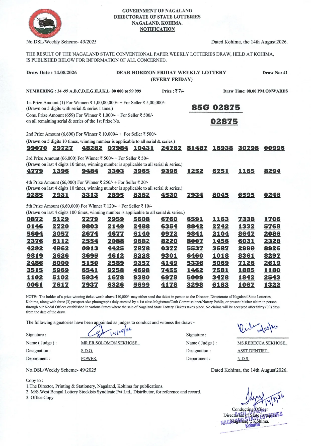 Dear Lottery result 8PM 14.08.2026