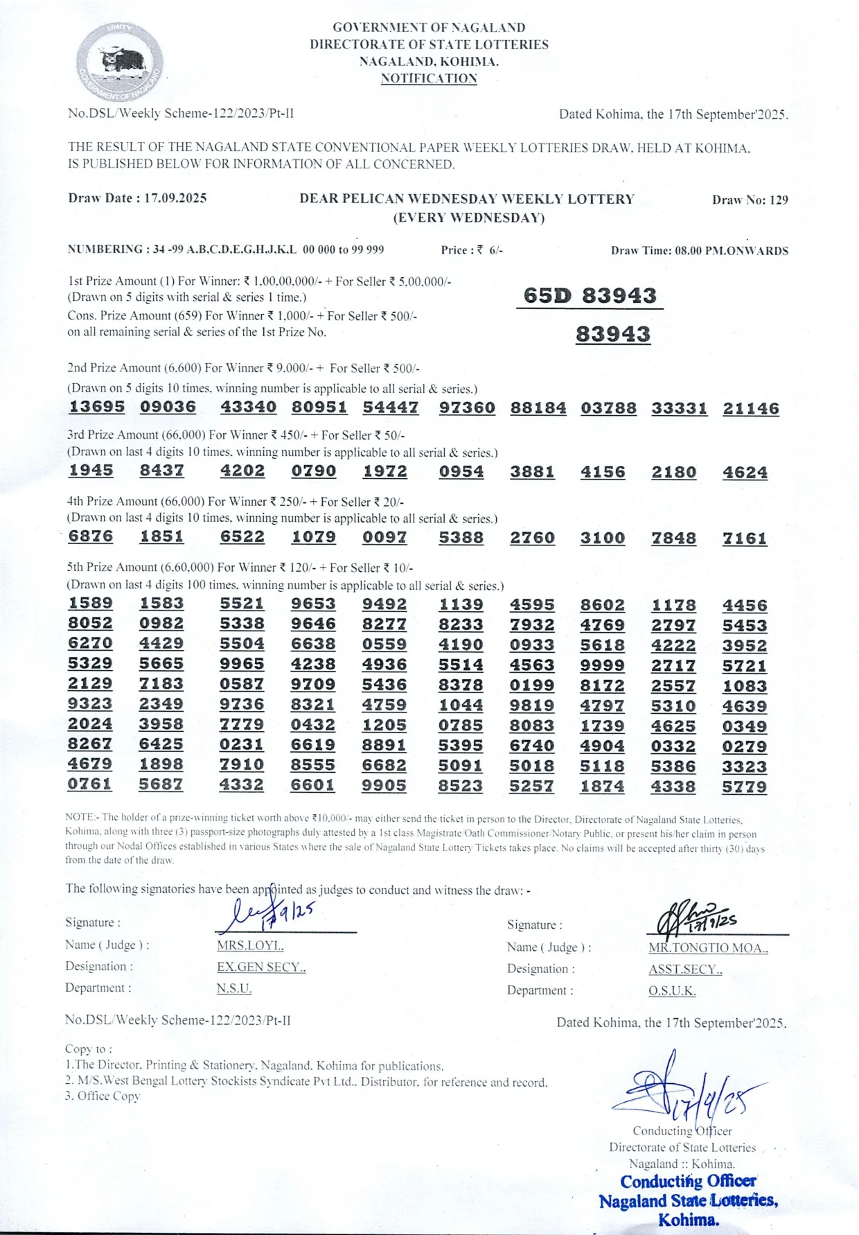 Dear Lottery result 8PM 17.09.2025