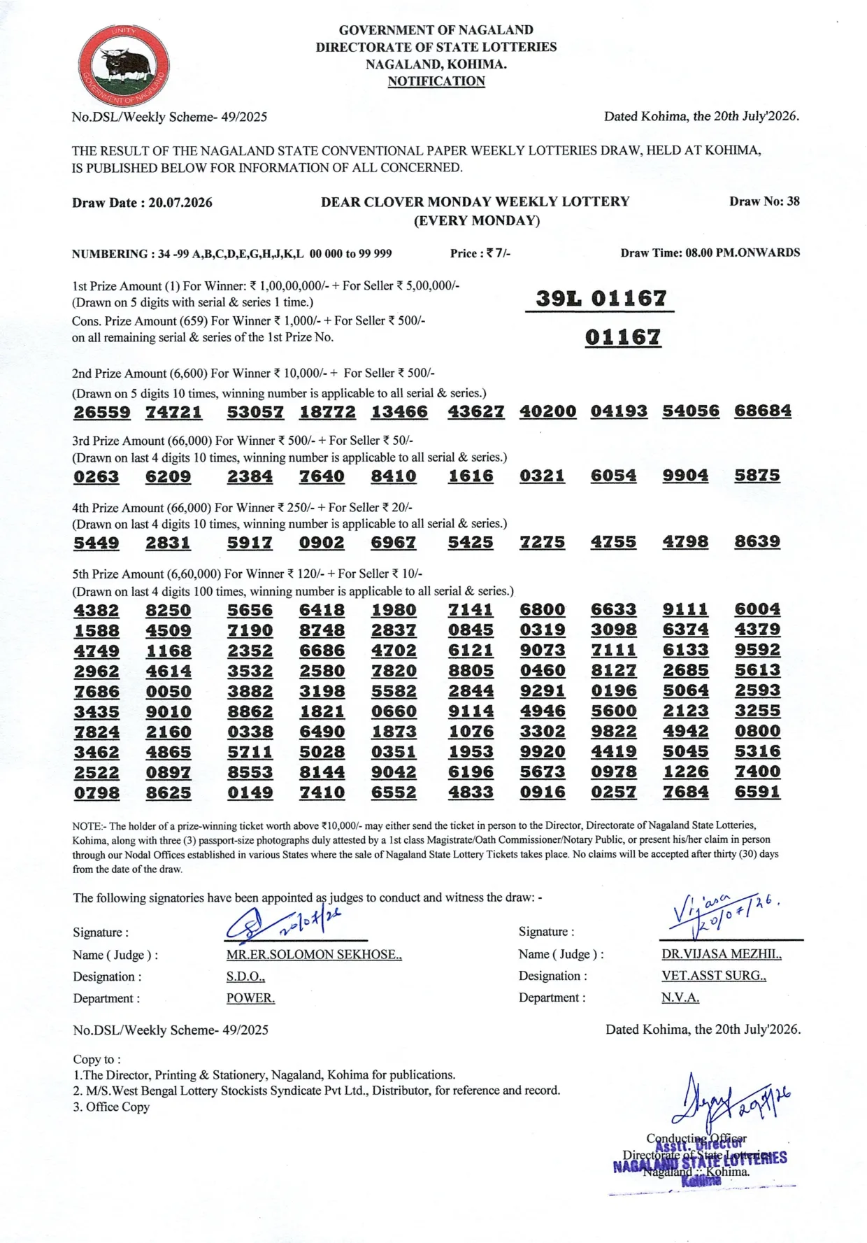 Dear Lottery result 8PM 20.07.2026