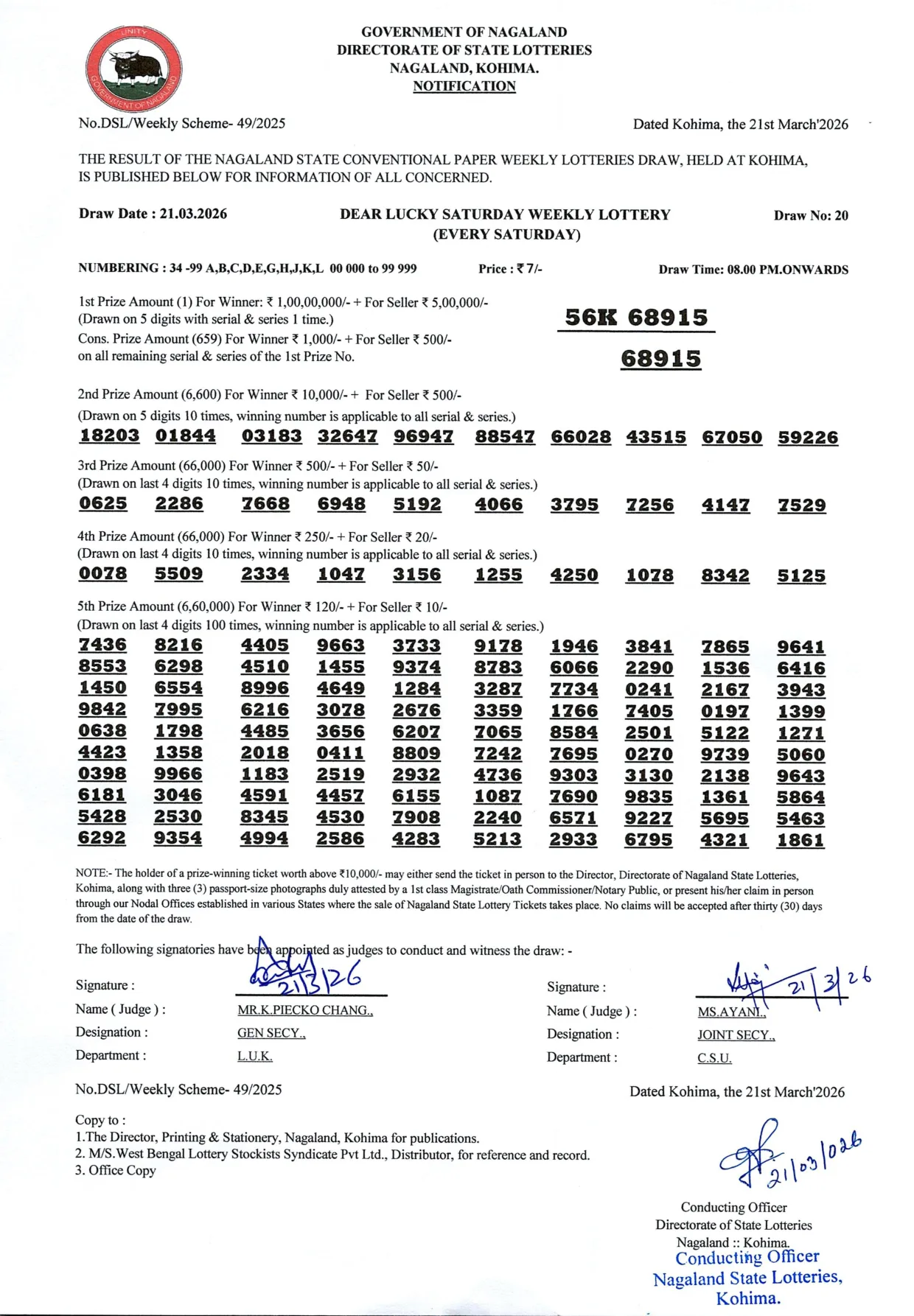 Dear Lottery result 8PM 21.03.2026