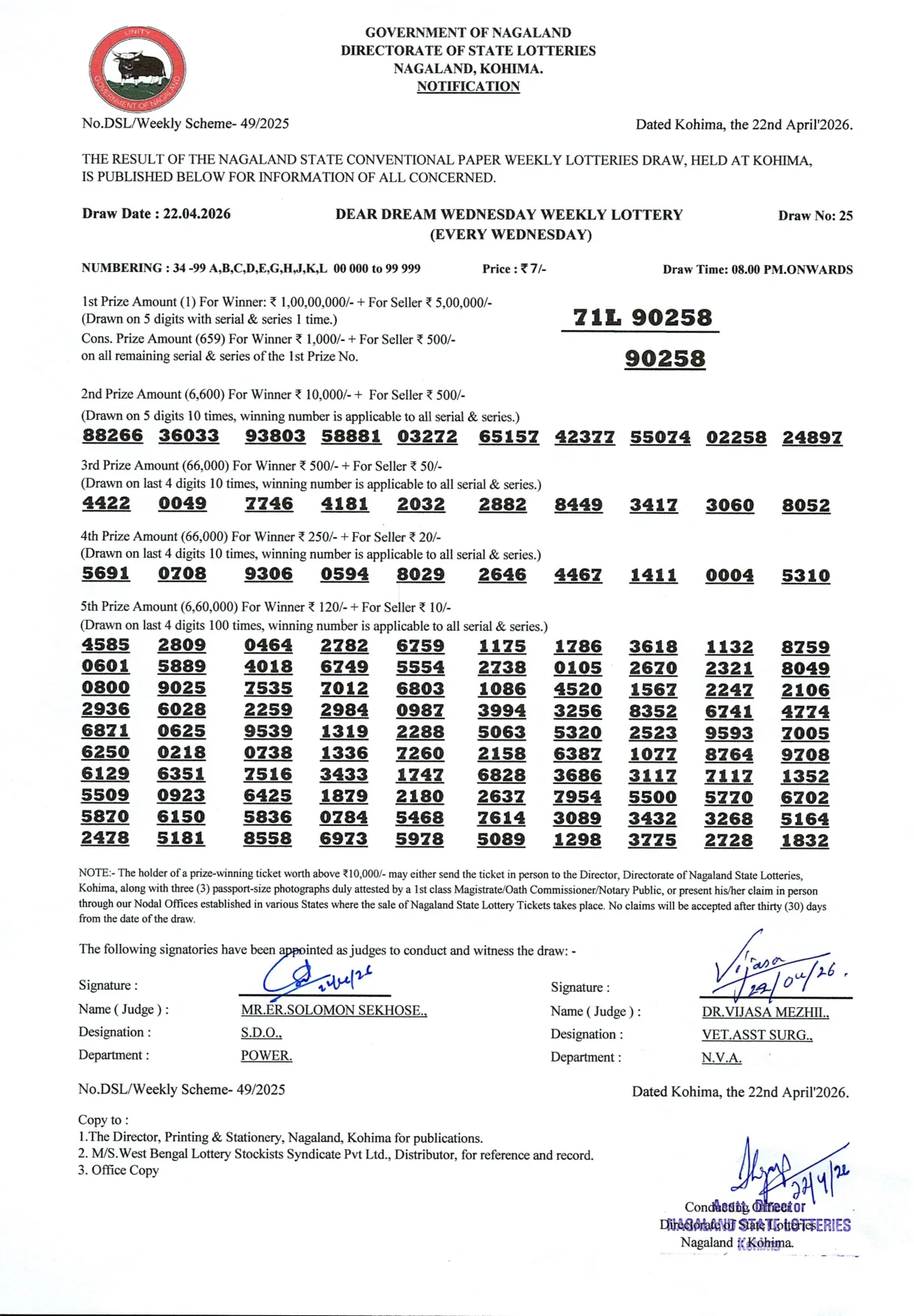 Dear Lottery result 8PM 22.04.2026
