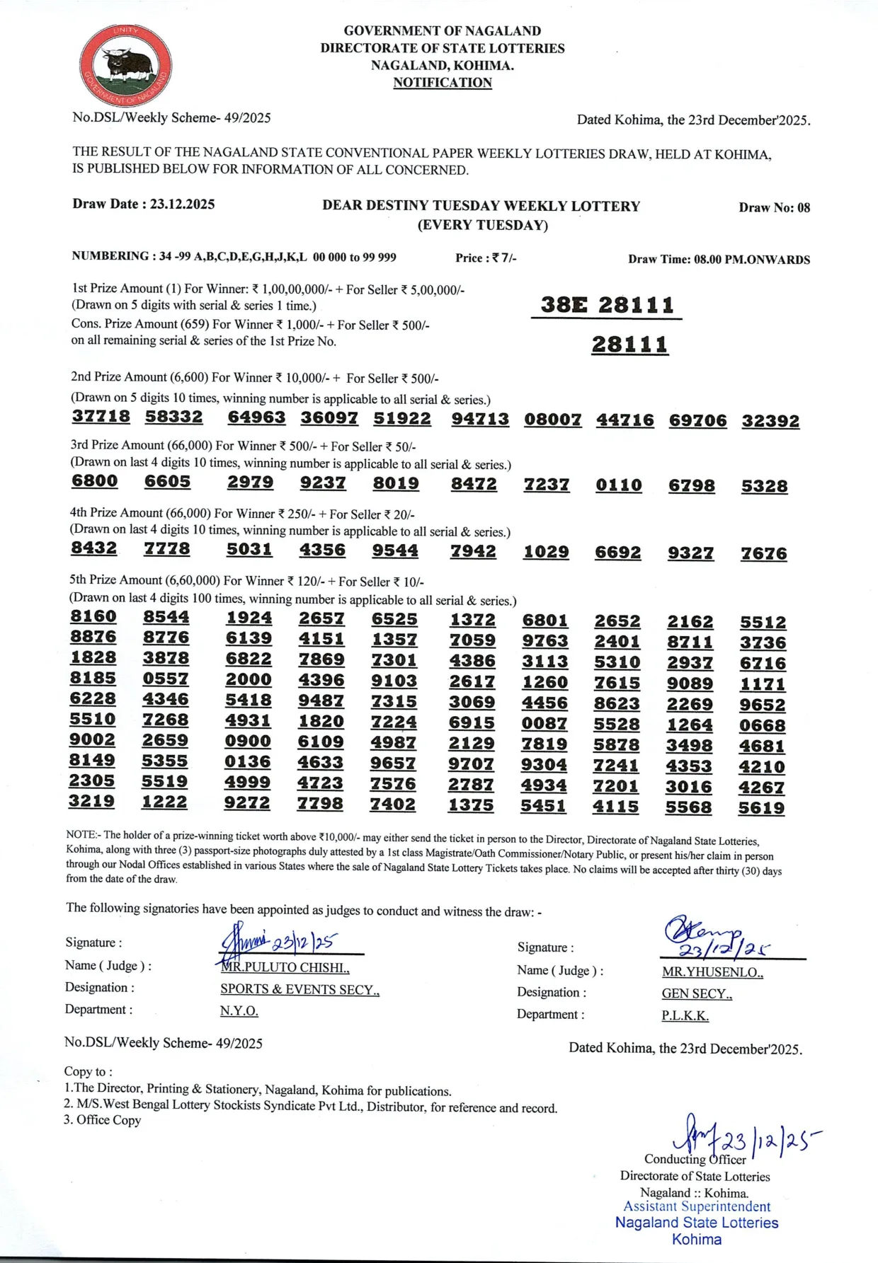 Dear Lottery result 8PM 23.12.2025