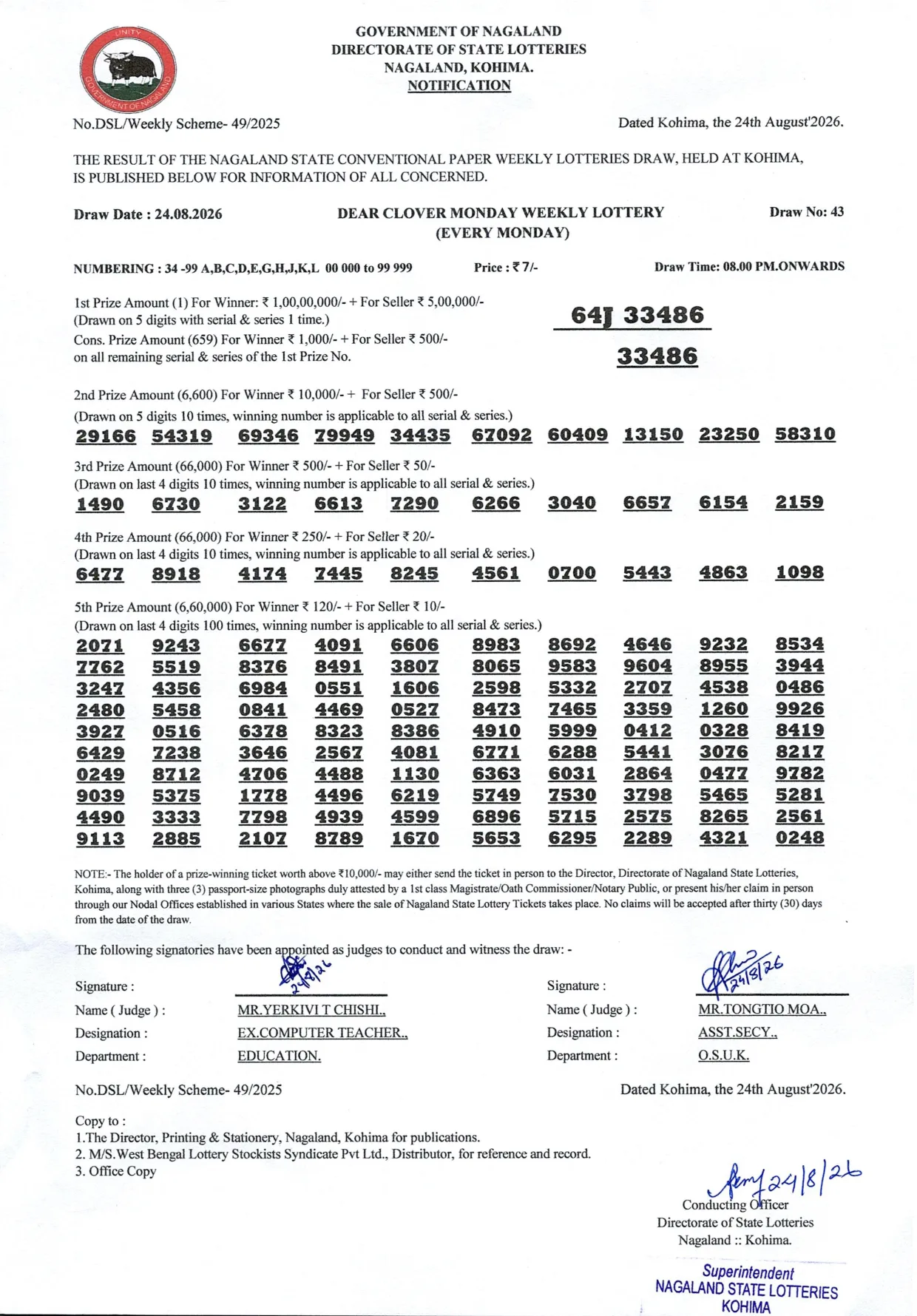 Dear Lottery result 8PM 24.08.2026