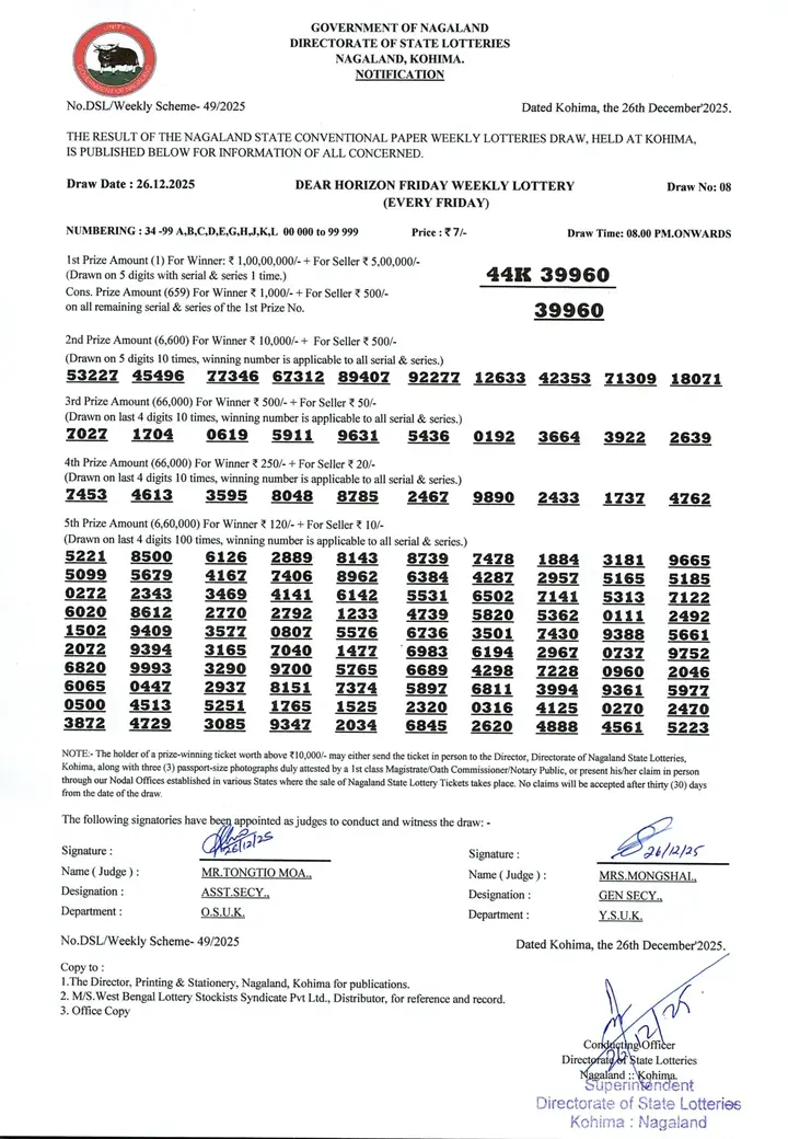 Dear Lottery result 8PM 26.12.2025