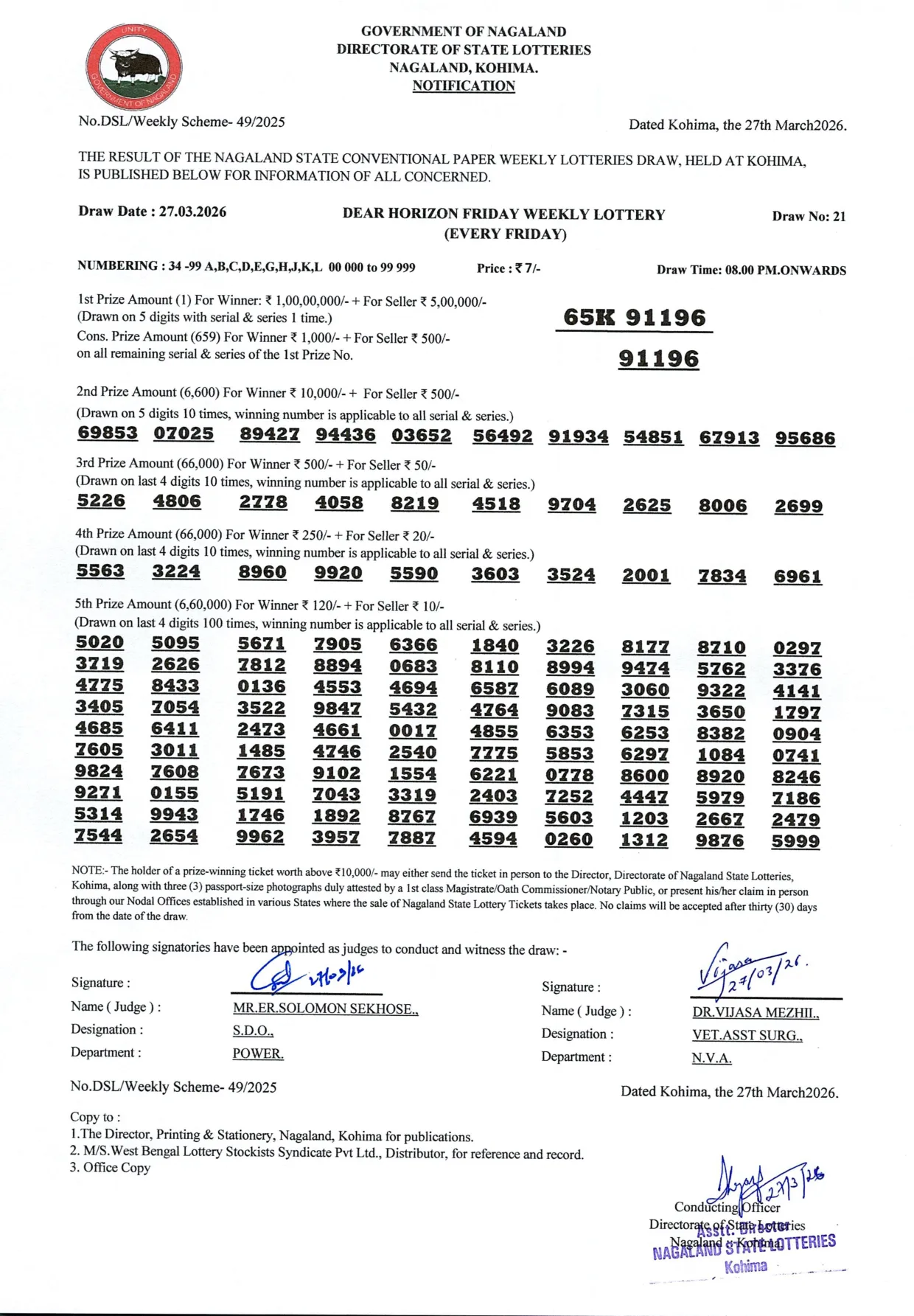 Dear Lottery result 8PM 27.03.2026