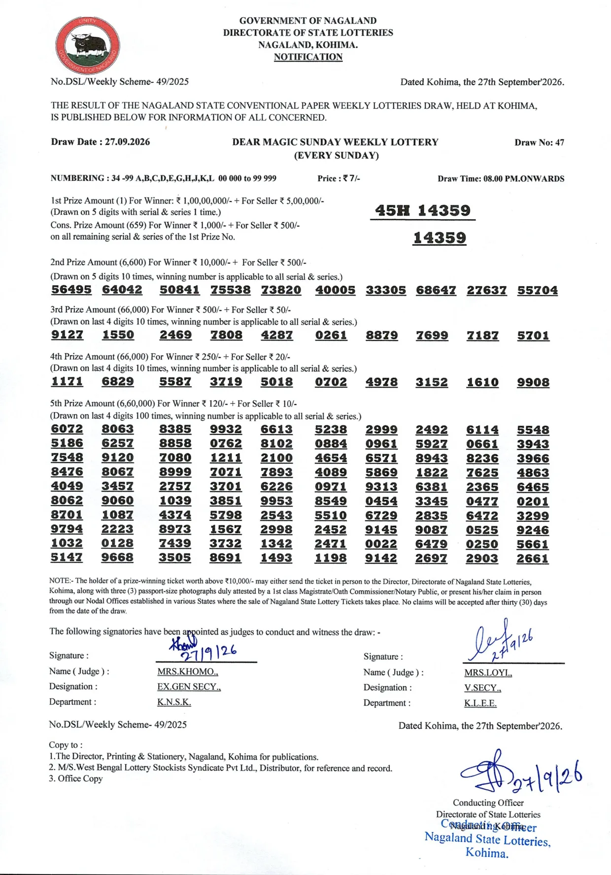 Dear Lottery result 8PM 27.09.2026