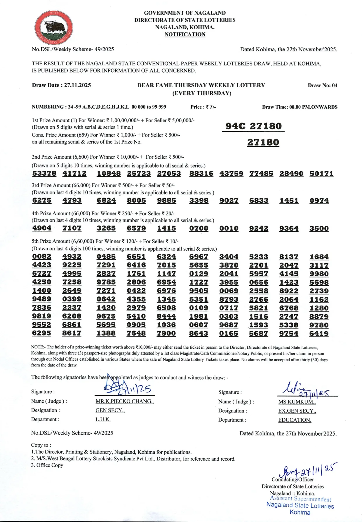 Dear Lottery result 8PM 27.11.2025