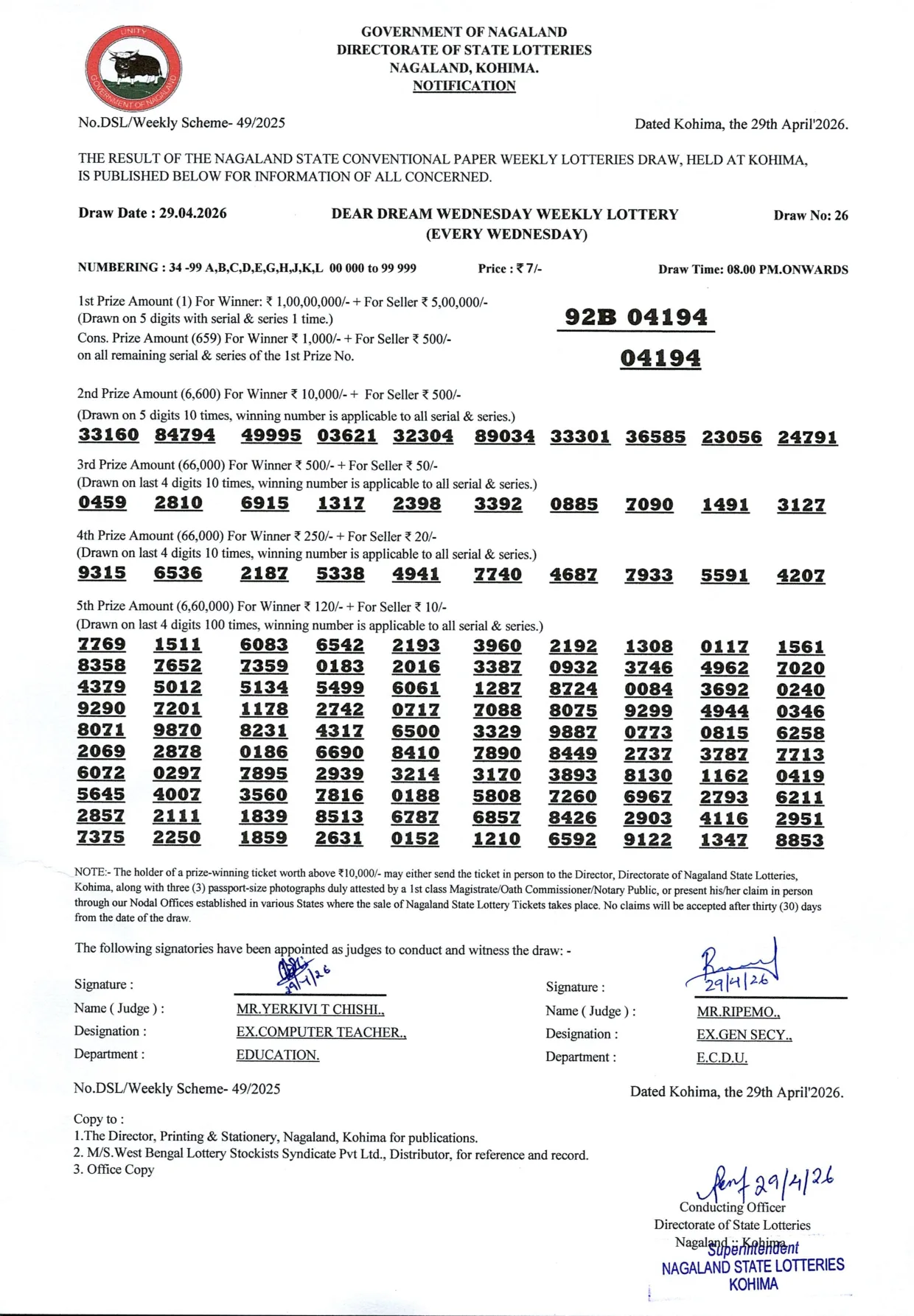 Dear Lottery result 8PM 29.04.2026