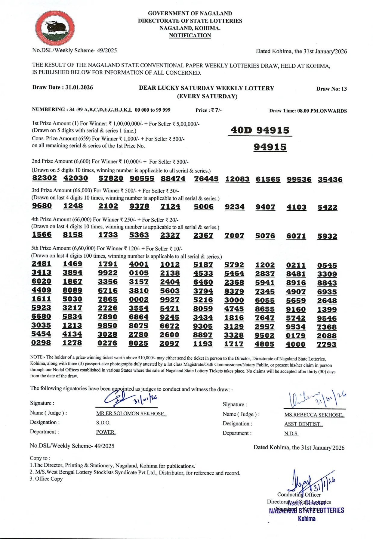 Dear Lottery result 8PM 31.01.2026