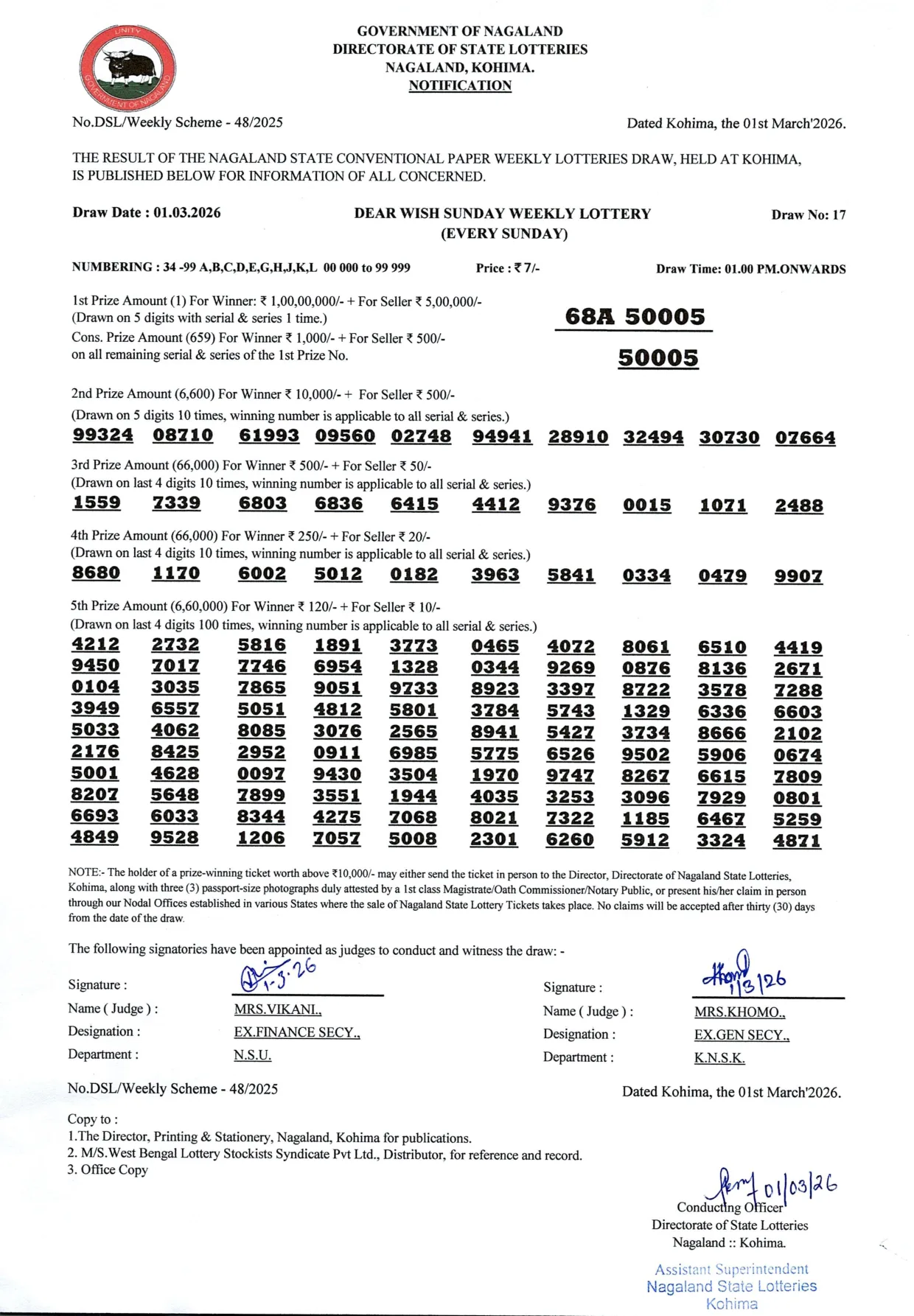 Dear Lottery result 1PM 01.03.2026