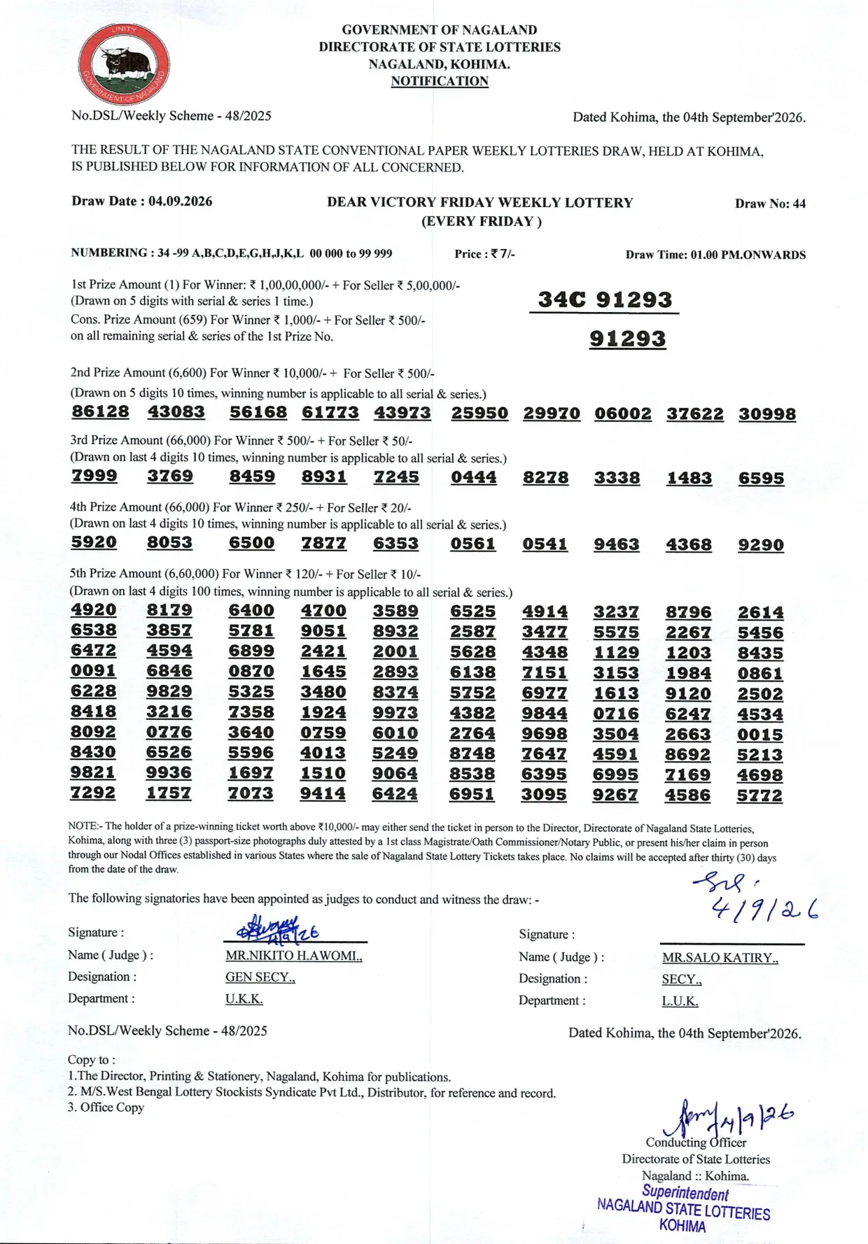 Dear Lottery result 1PM 04.09.2026