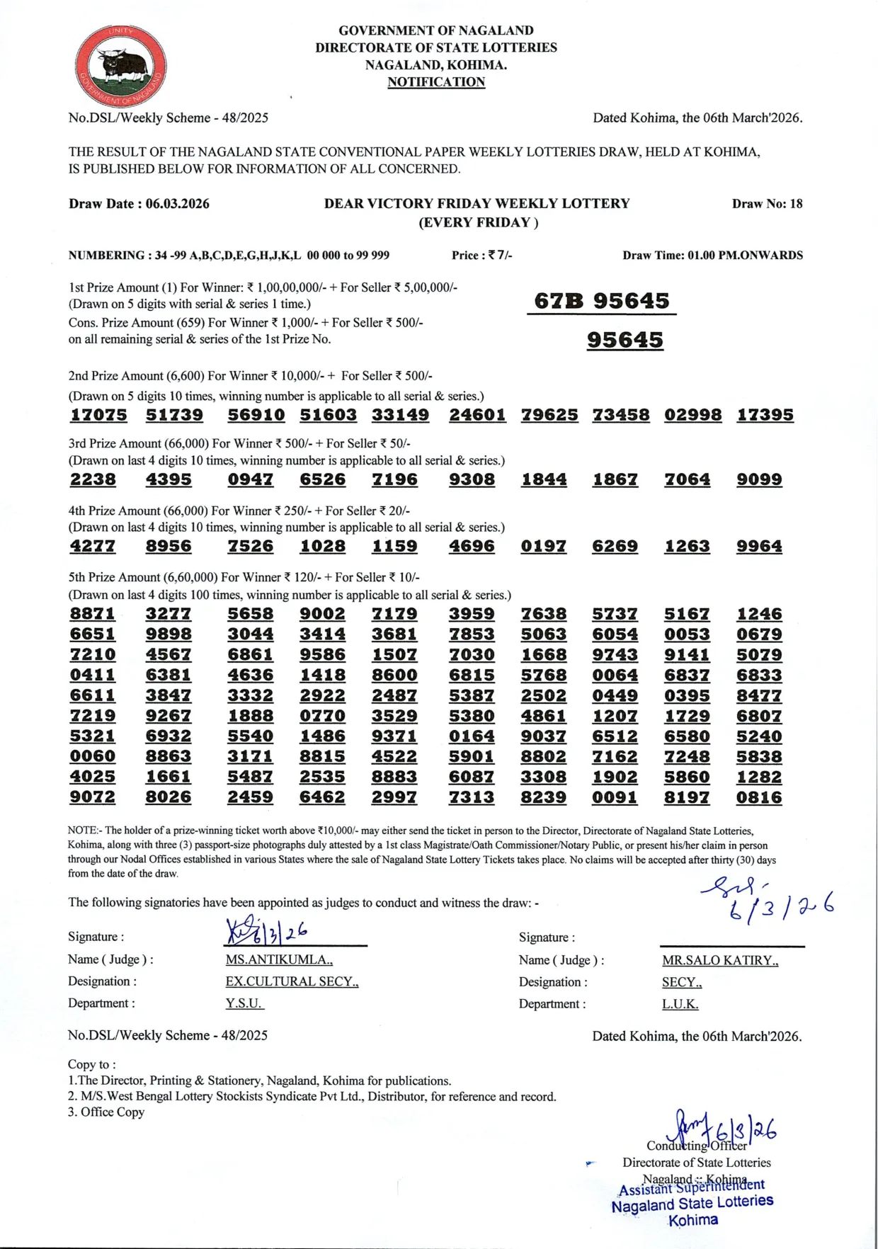 Dear Lottery result 1PM 06.03.2026