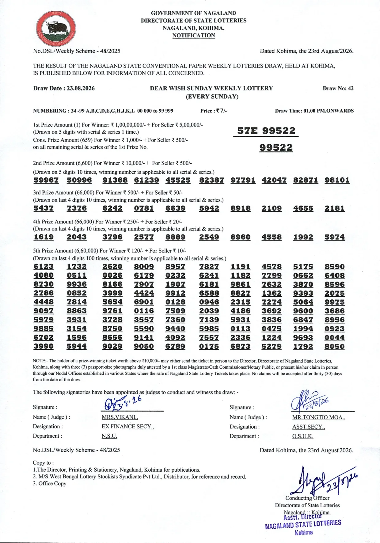 Dear Lottery result 1PM 23.08.2026