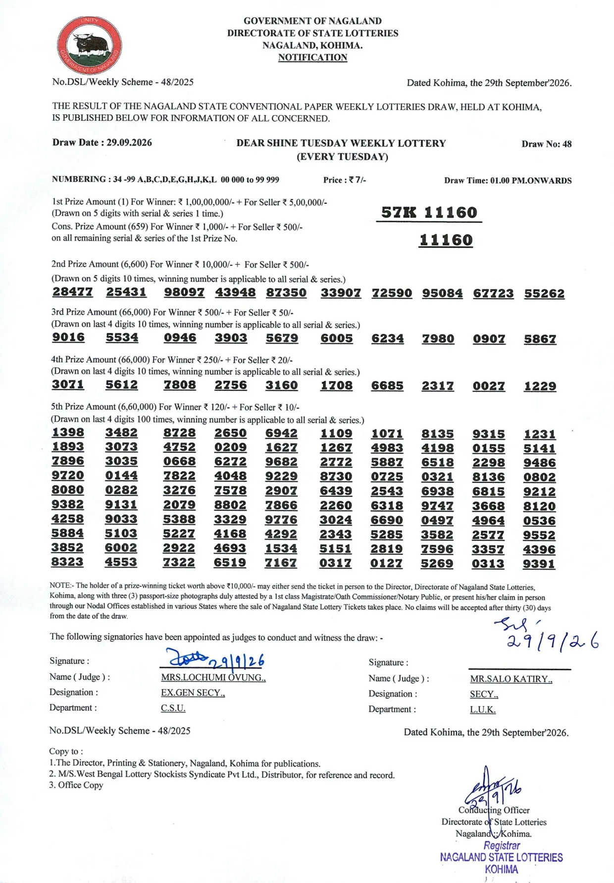 Dear Lottery result 1PM 29.09.2026