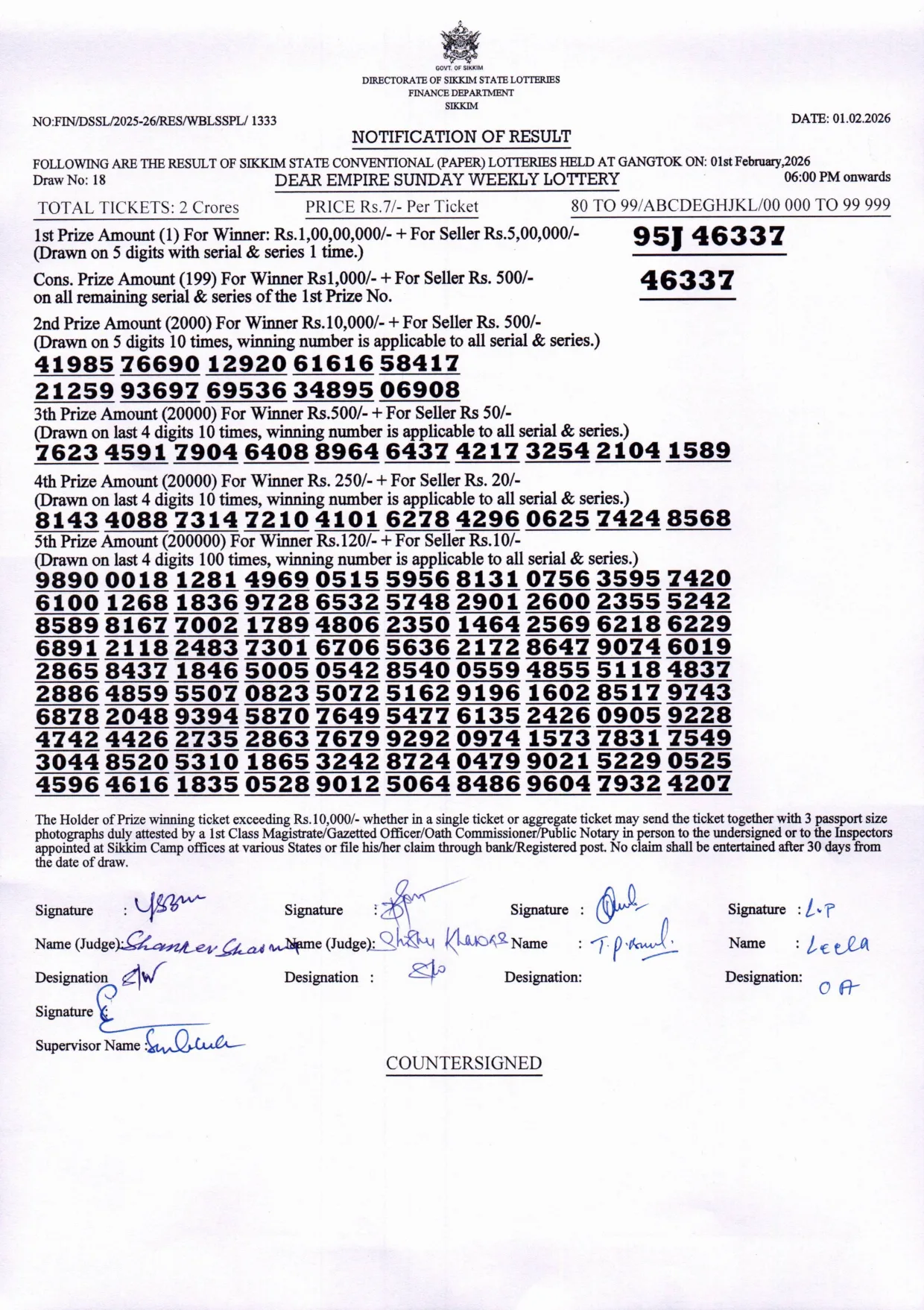 Dear Lottery result 6PM 01.02.2026