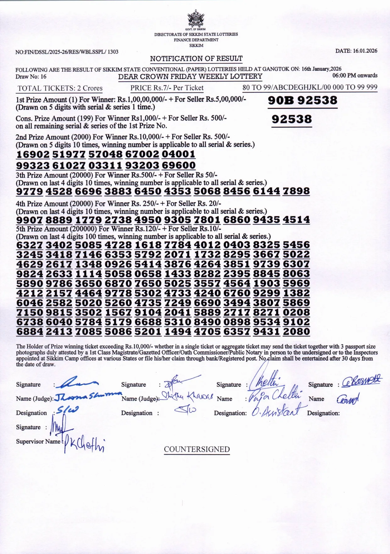 Dear Lottery result 6PM 16.01.2026