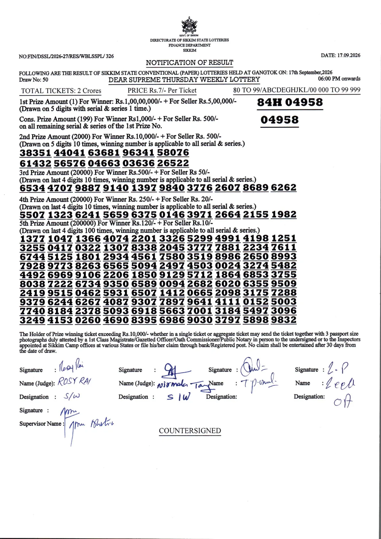 Dear Lottery result 6PM 17.09.2026