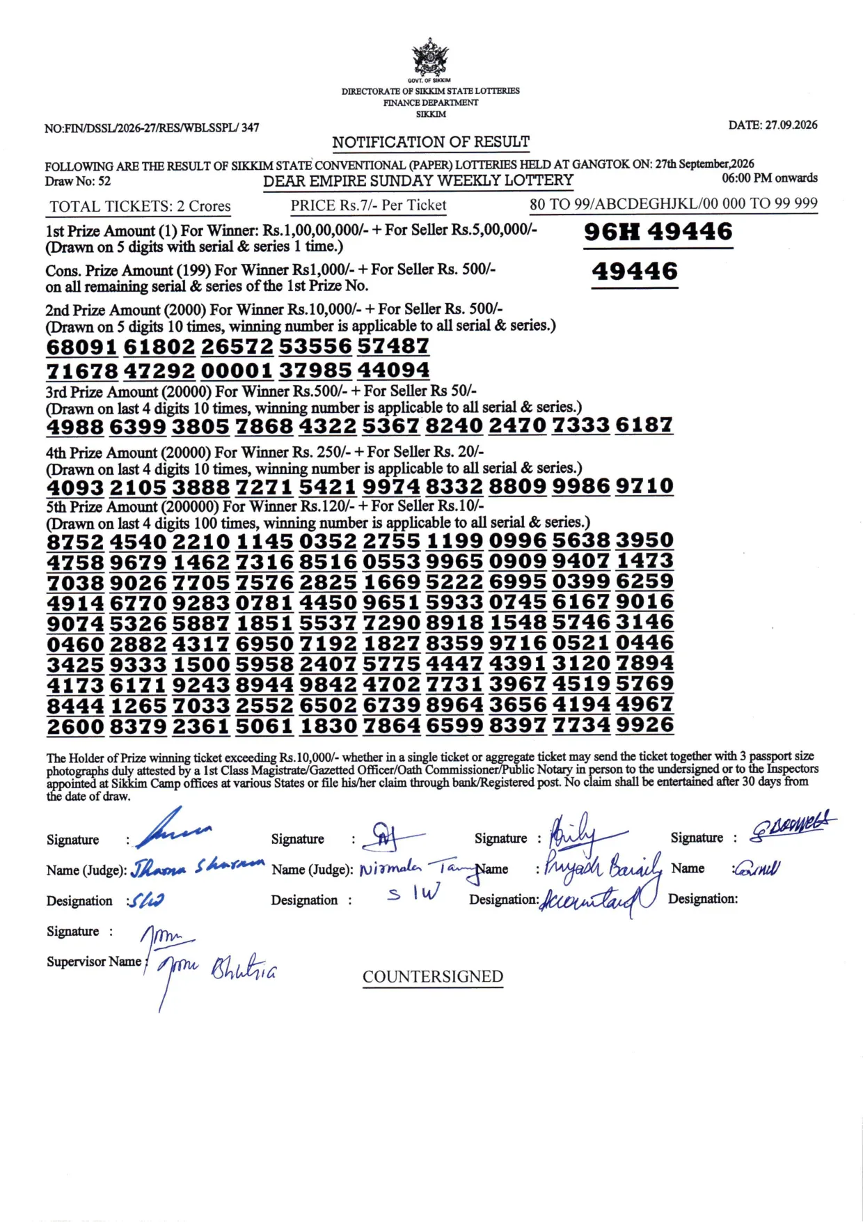 Dear Lottery result 6PM 27.09.2026