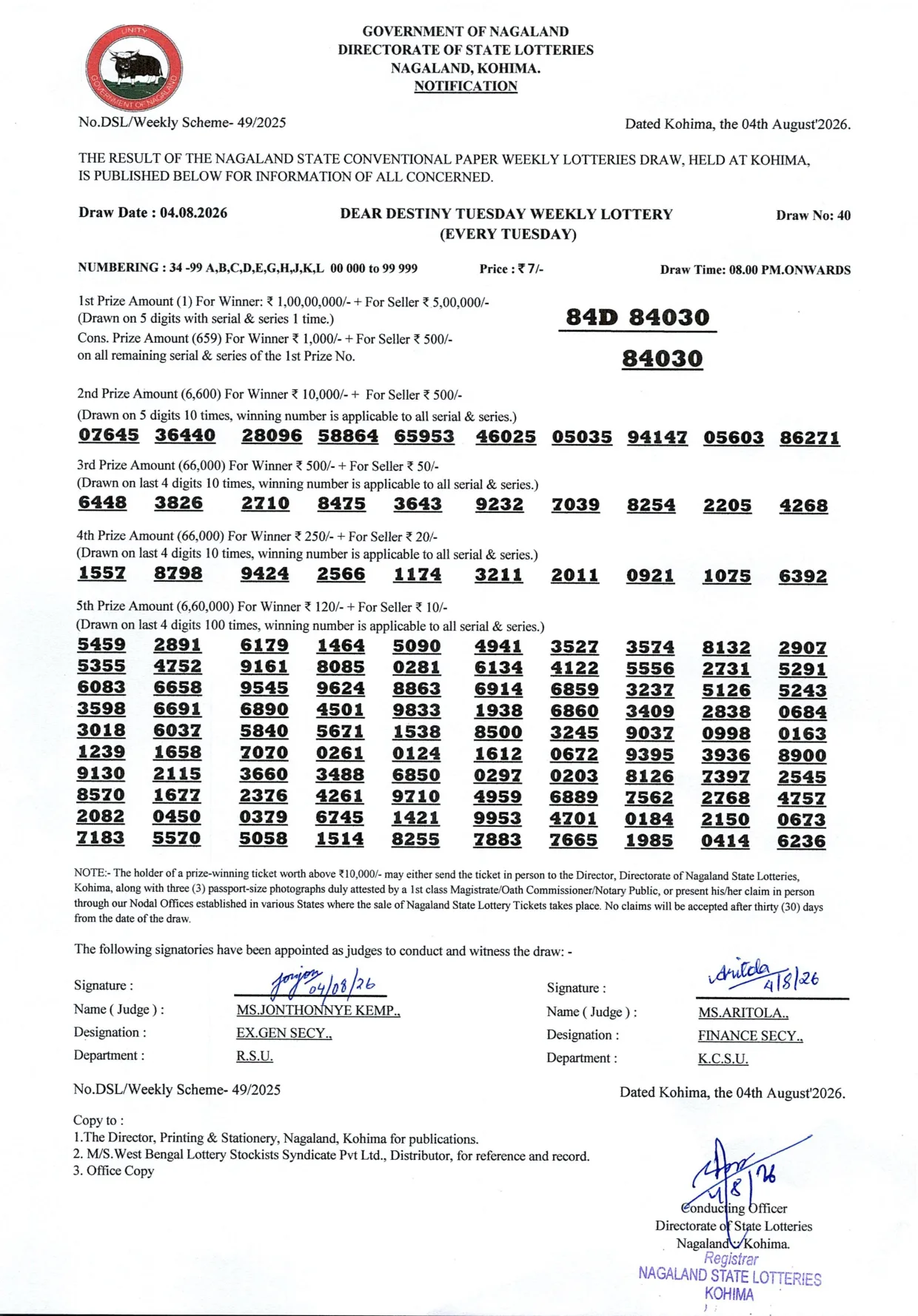 Dear Lottery result 8PM 04.08.2026