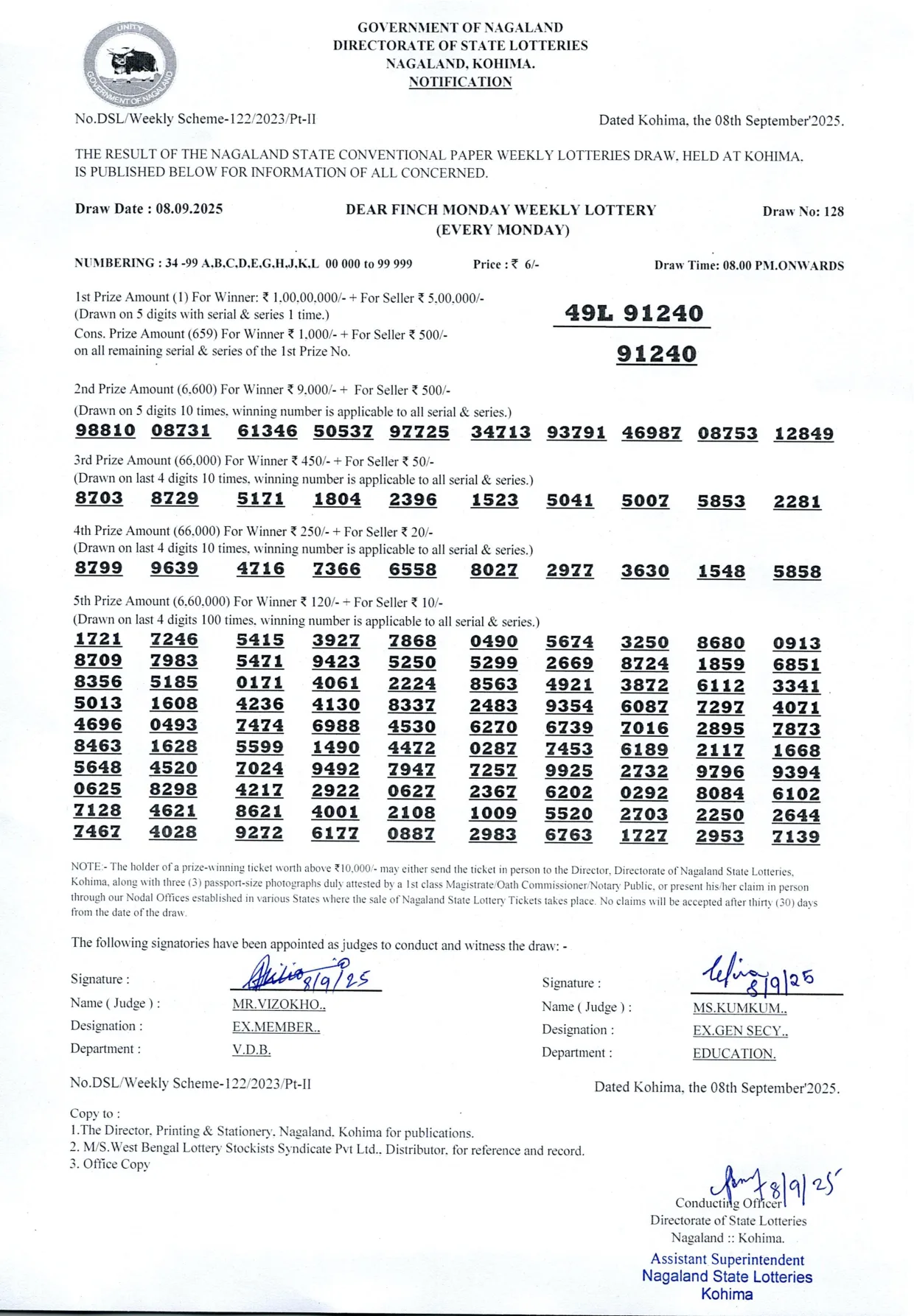 Dear Lottery result 8PM 08.09.2025