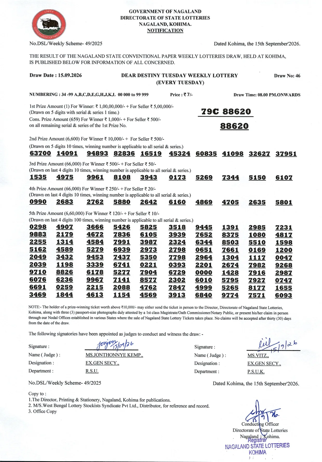 Dear Lottery result 8PM 15.09.2026