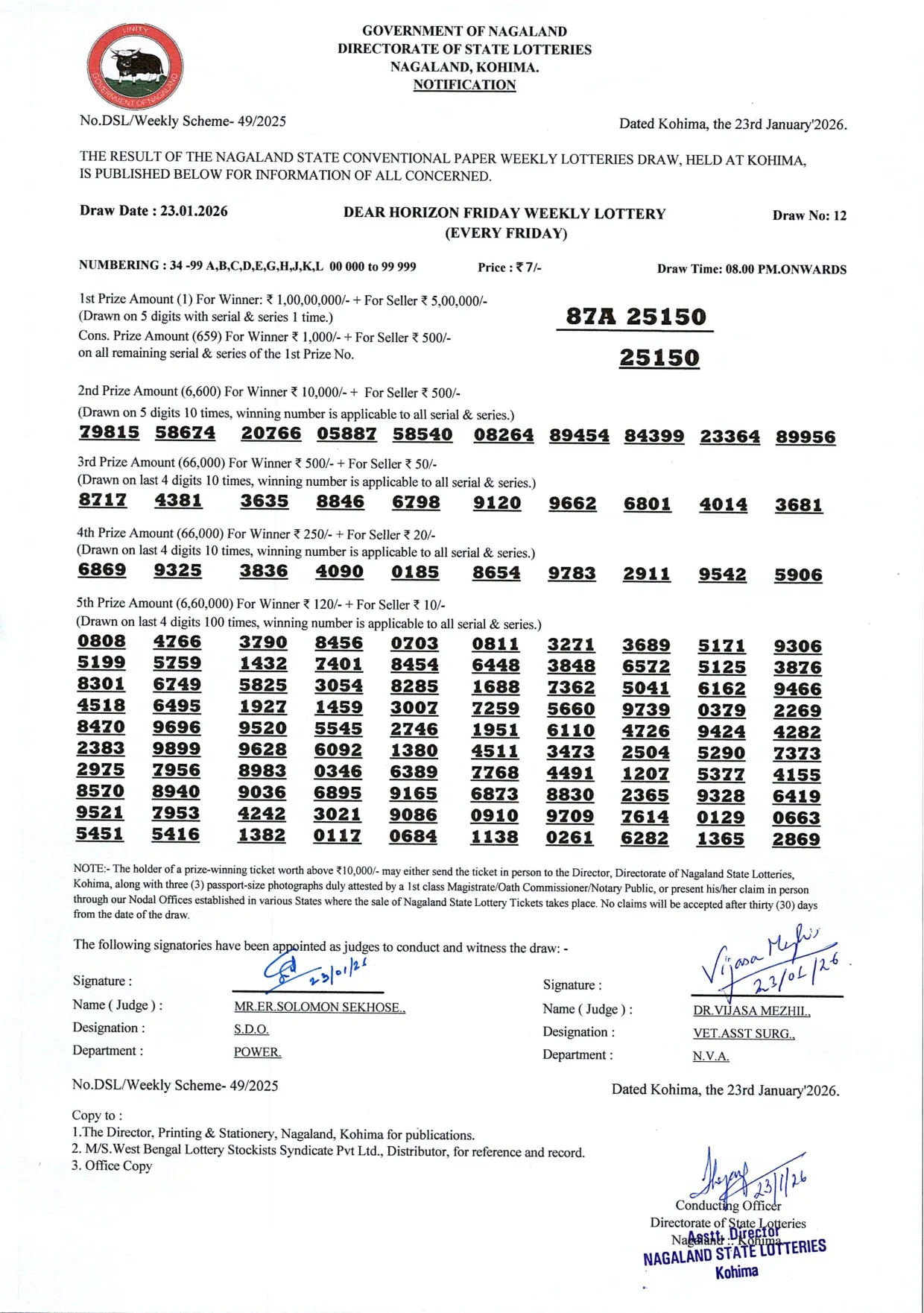 Dear Lottery result 8PM 23.01.2026