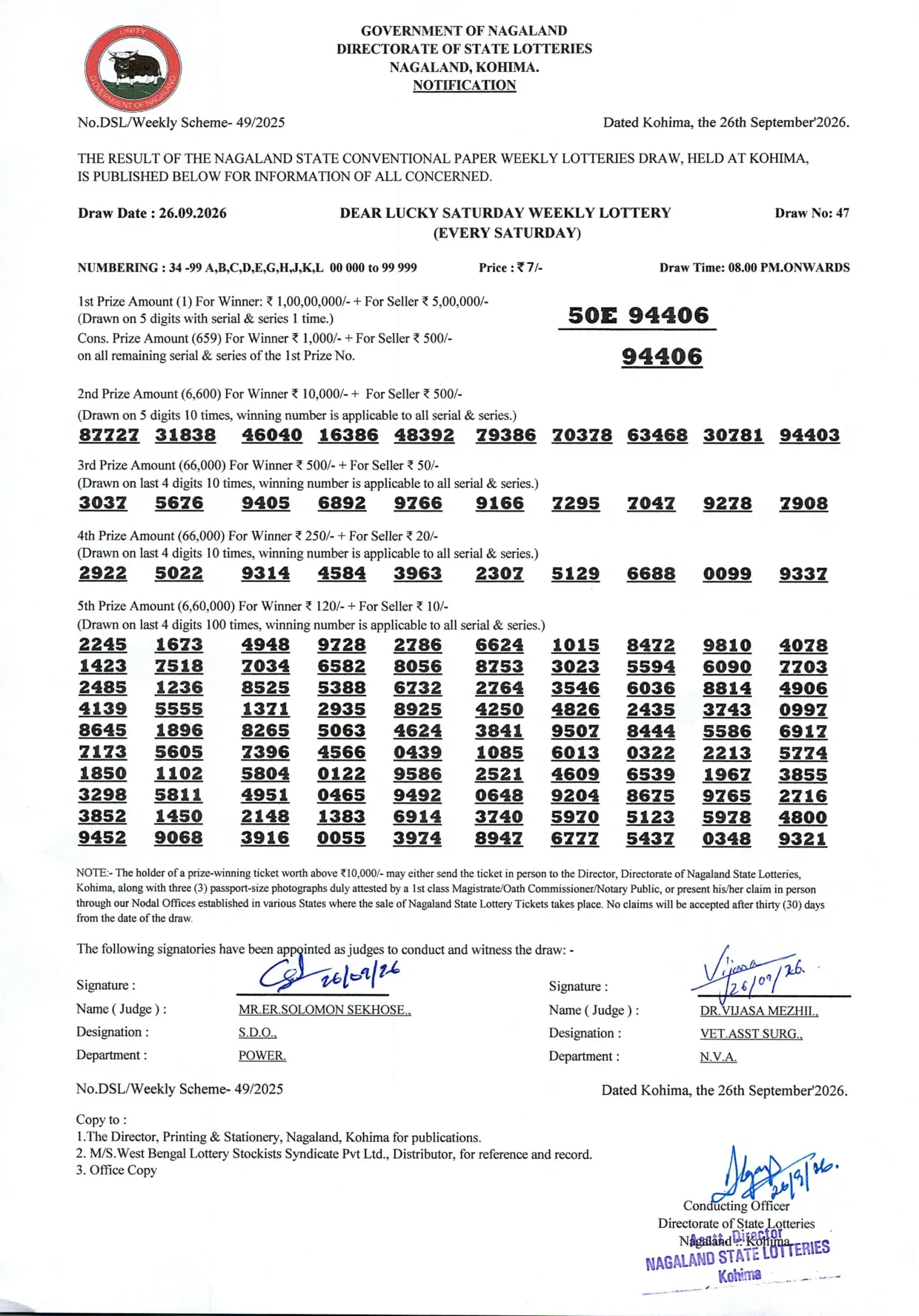Dear Lottery result 8PM 26.09.2026
